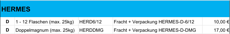 D 1 - 12 Flaschen (max. 25kg) HERD6/12 Fracht + Verpackung HERMES-D-6/12 10,00 € D Doppelmagnum (max. 25kg) HERDDMG Fracht + Verpackung HERMES-D-DMG 17,00 € HERMES