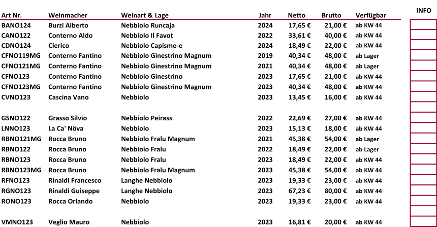 Art Nr.  Weinmacher Weinart & Lage Jahr  Netto    Brutto    Verfügbar INFO BANO124 Burzi Alberto Nebbiolo Runcaja 2024 17,65 € 21,00 € ab KW 44 CANO122 Conterno Aldo Nebbiolo Il Favot 2022 33,61 € 40,00 € ab KW 44 CDNO124 Clerico Nebbiolo Capisme-e 2024 18,49 € 22,00 € ab KW 44 CFNO119MG Conterno Fantino Nebbiolo Ginestrino Magnum 2019 40,34 € 48,00 € ab Lager CFNO121MG Conterno Fantino Nebbiolo Ginestrino Magnum 2021 40,34 € 48,00 € ab Lager CFNO123 Conterno Fantino Nebbiolo Ginestrino 2023 17,65 € 21,00 € ab KW 44 CFNO123MG Conterno Fantino Nebbiolo Ginestrino Magnum 2023 40,34 € 48,00 € ab KW 44 CVNO123 Cascina Vano Nebbiolo 2023 13,45 € 16,00 € ab KW 44  GSNO122 Grasso Silvio Nebbiolo Peirass 2022 22,69 € 27,00 € ab KW 44 LNNO123 La Ca' Növa Nebbiolo 2023 15,13 € 18,00 € ab KW 44 RBNO121MG Rocca Bruno Nebbiolo Fralu Magnum 2021 45,38 € 54,00 € ab Lager RBNO122 Rocca Bruno Nebbiolo Fralu 2022 18,49 € 22,00 € ab Lager RBNO123 Rocca Bruno Nebbiolo Fralu 2023 18,49 € 22,00 € ab KW 44 RBNO123MG Rocca Bruno Nebbiolo Fralu Magnum 2023 45,38 € 54,00 € ab KW 44 RFNO123 Rinaldi Francesco Langhe Nebbiolo 2023 19,33 € 23,00 € ab KW 44 RGNO123 Rinaldi Guiseppe Langhe Nebbiolo 2023 67,23 € 80,00 € ab KW 44 RONO123 Rocca Orlando Nebbiolo 2023 19,33 € 23,00 € ab KW 44 VMNO123 Veglio Mauro Nebbiolo 2023 16,81 € 20,00 € ab KW 44